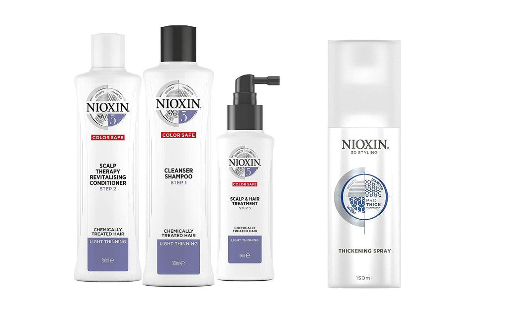 [Australia] - Nioxin System 5 for Chemically Treated Hair with Light Thinning System 5 Thickening Spray Bundle 4 Piece Set 