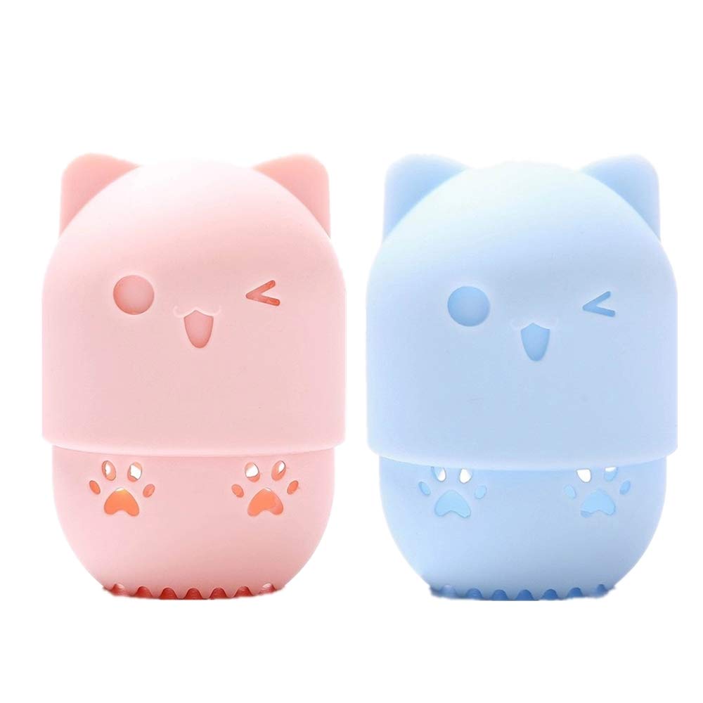 [Australia] - 2 Pcs Makeup Sponge Silicone Travel Case Silicone Makeup Sponge Holder Travel Case Cute Cat Shape Cosmetic Sponge Drying Holder Rack Washable & Reusable Makeup Blender Container for Home 