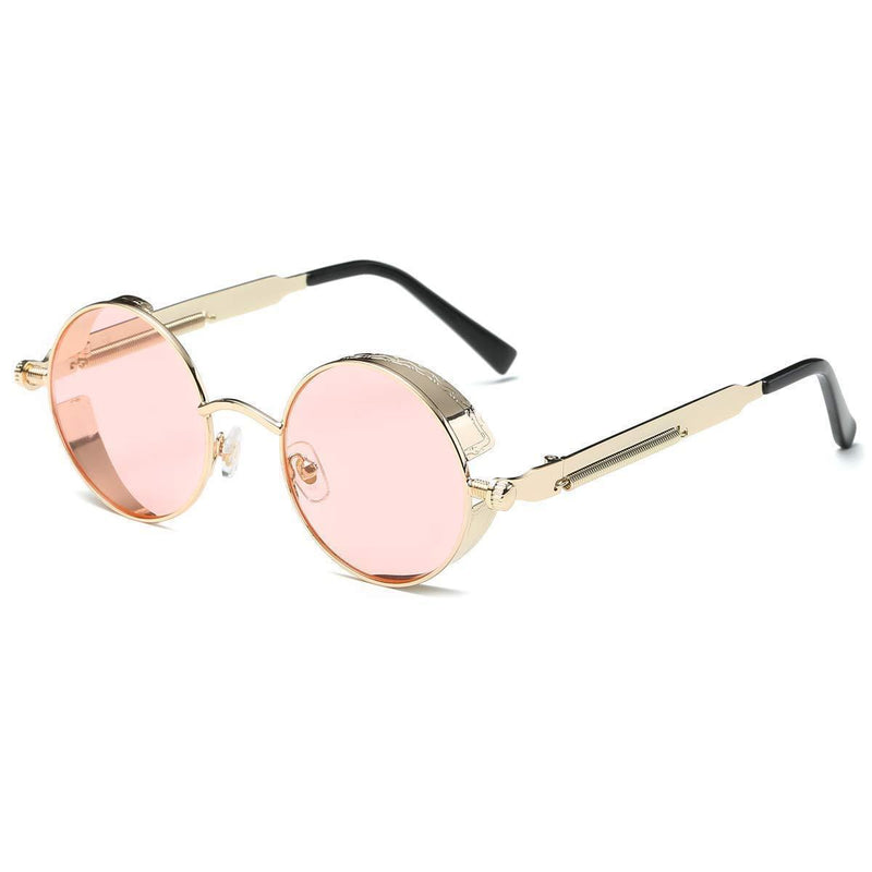 [Australia] - Retro Steampunk Sunglasses Lennon Round Metal Circle Frame Sun Glasses for Men Women Transparent Pink Lens/Gold Frame 