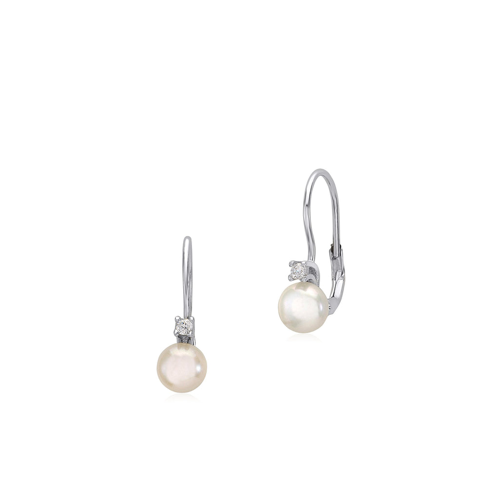 [Australia] - UNICORNJ Sterling Silver 925 Cultured Pearl Button Leverback Earrings with Cubic Zirconia 6mm Italy 