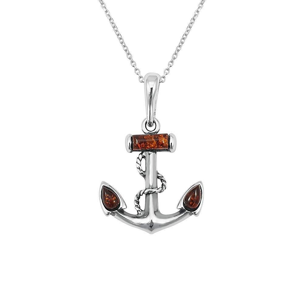 [Australia] - Kiara Jewellery 925 Sterling Silver Brown Amber Anchor Pendant Necklace on 18" Sterling Silver Trace Or Curb Chain. 