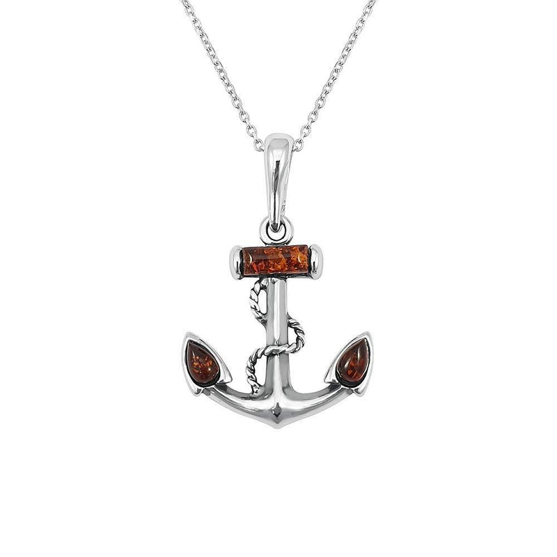 [Australia] - Kiara Jewellery 925 Sterling Silver Brown Amber Anchor Pendant Necklace on 18" Sterling Silver Trace Or Curb Chain. 