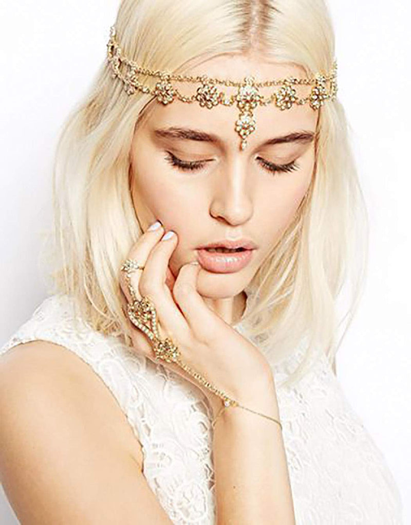 [Australia] - Unicra Boho Head Chan Layered Pearl Headpiece Wedding Party Hair Accessories for Women and Girls(Gold) Gold 