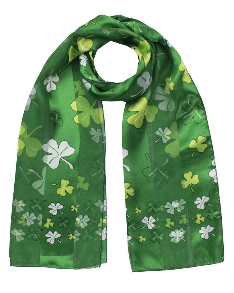 [Australia] - BasicSense Unisex Lightweight Shiny Silky Celtic Irish Green Shamrock, Luck Clover Satin Stripe Oblong Scarves, St. Patrick Day Big Leaves Green 