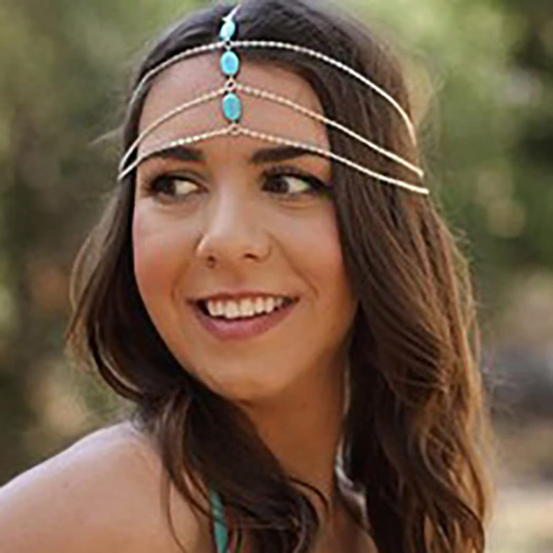 [Australia] - Fashband Turquoise Layered Head Chain Silver Festival Hair Accessories Bridal Headchain Jewelry for Women and Girls (Silver) 