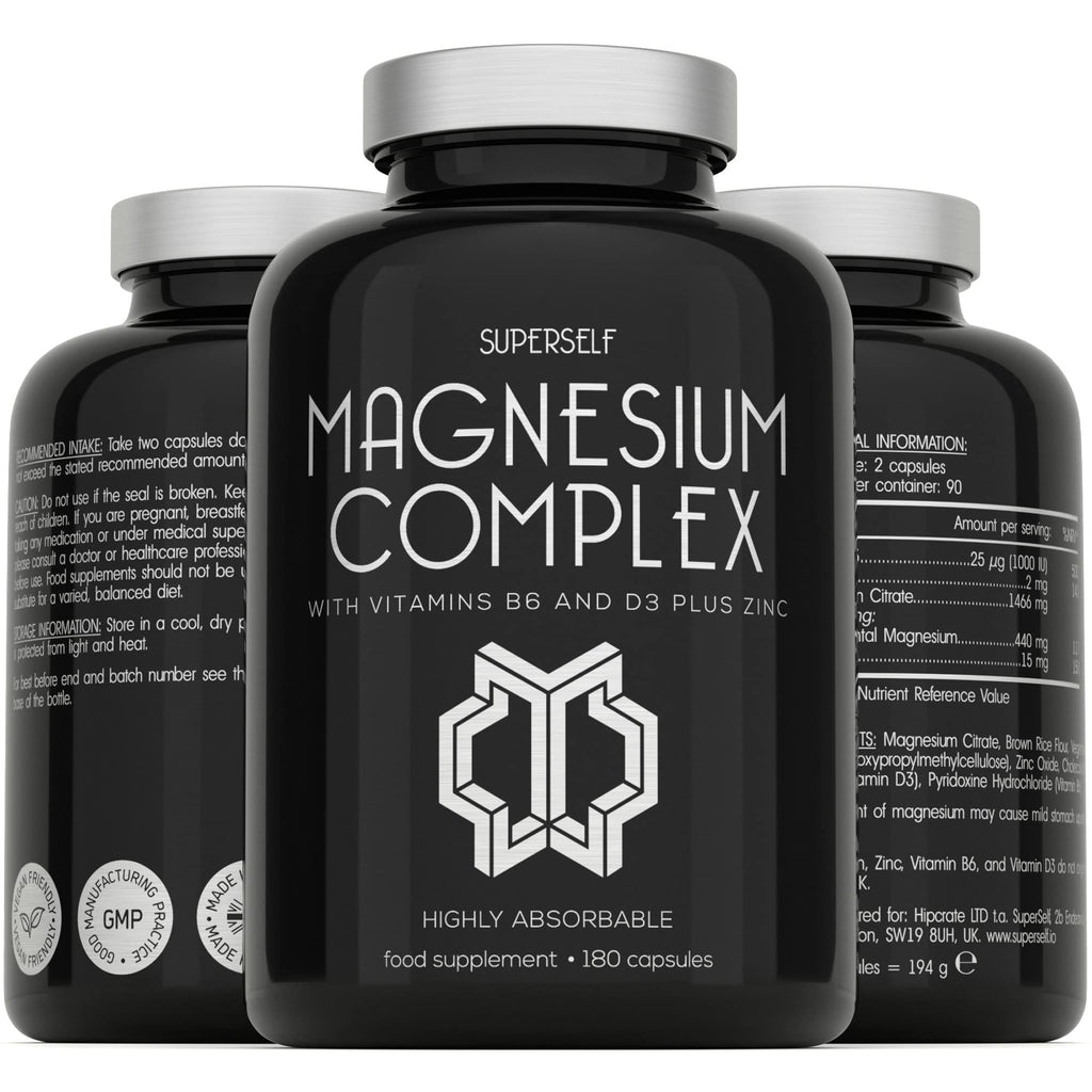 [Australia] - Magnesium Citrate Supplement with Zinc, Vitamin B6 and D3 - High Strength 180 Capsules - 1466mg Magnesium Supplements for Women & Men - Magnesium Complex Tablets Providing 440mg Elemental Magnesium 