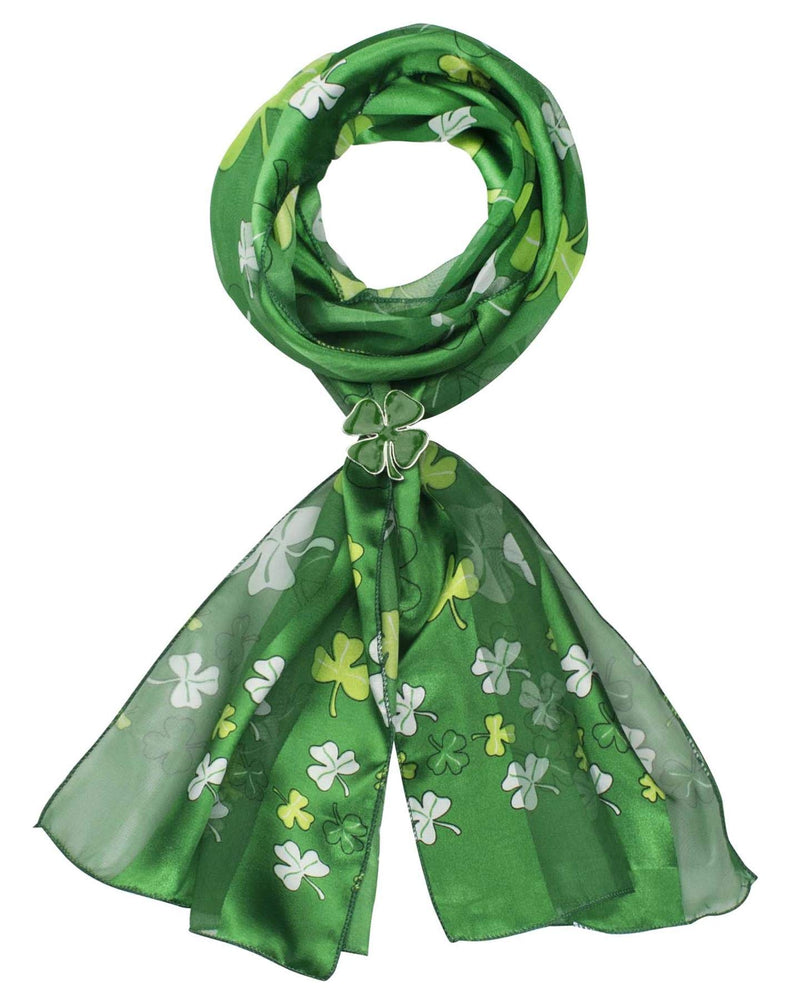 [Australia] - BaiscSense Shiny Celtic Irish Shamrock Scarf and Rhodium Silver Scarf Ring Set. Lucky Four Leaf Clover St. Patricks Day Scarf, 148 x 35 cm (58 x 13 inches) Big Leaves Green 