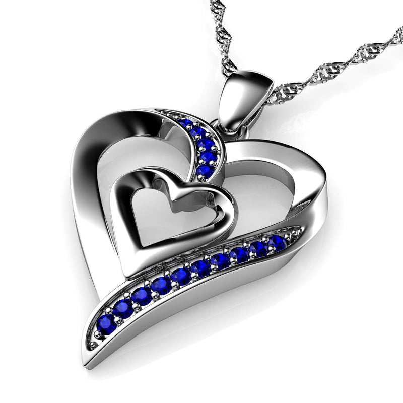 [Australia] - DEPHINI - Heart Necklace - 925 Sterling Silver - Double Love Heart Pendant - Blue CZ Crystals - Fine Jewellery Woman Necklace - 18" Rhodium Plated Silver Chain - A+ Cubic Zirconia - Gifts for Women 