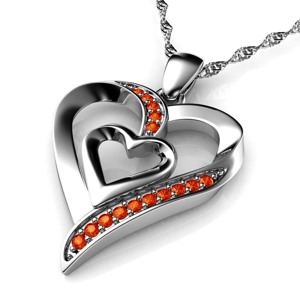 [Australia] - DEPHINI - Heart Necklace - 925 Sterling Silver - Double Love Heart Pendant - Orange CZ Crystals - Fine Jewellery Woman Necklace - 18" Rhodium Plated Silver Chain - A+ Cubic Zirconia - Gifts for Women 