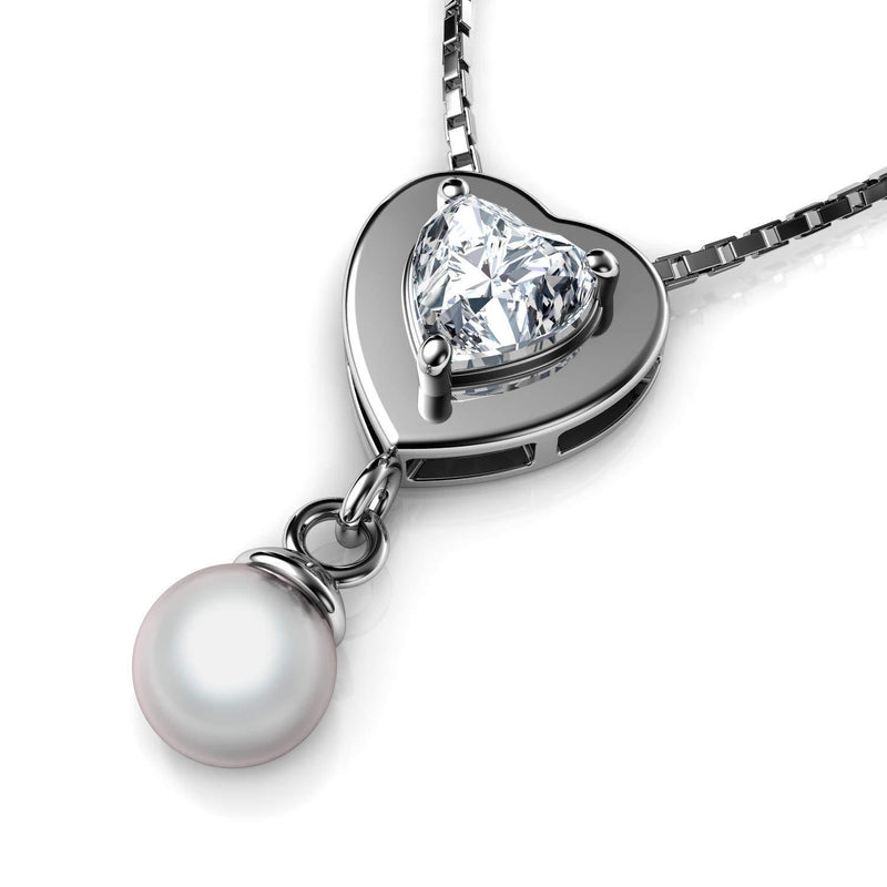 [Australia] - DEPHINI - Pearl Necklace - 925 Sterling Silver - Heart Pendant with CZ Crystal - Fine Jewellery Woman Necklace - 18" Rhodium Plated Silver Chain - A Cubic Zirconia 