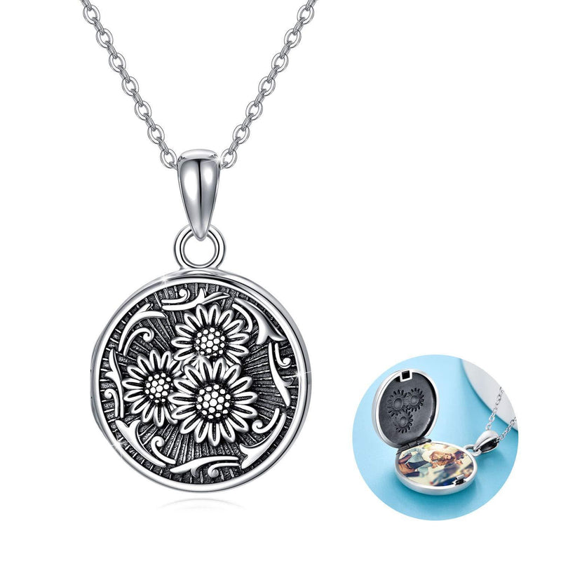 [Australia] - Sterling Silver Sunflower Locket Necklace That Holds Pictures Promise Round Locket Pendant Sunflower Pendant You are my Sunshine Gift for Women Girl Always Lock My Heart Photo Lockets Keepsake 