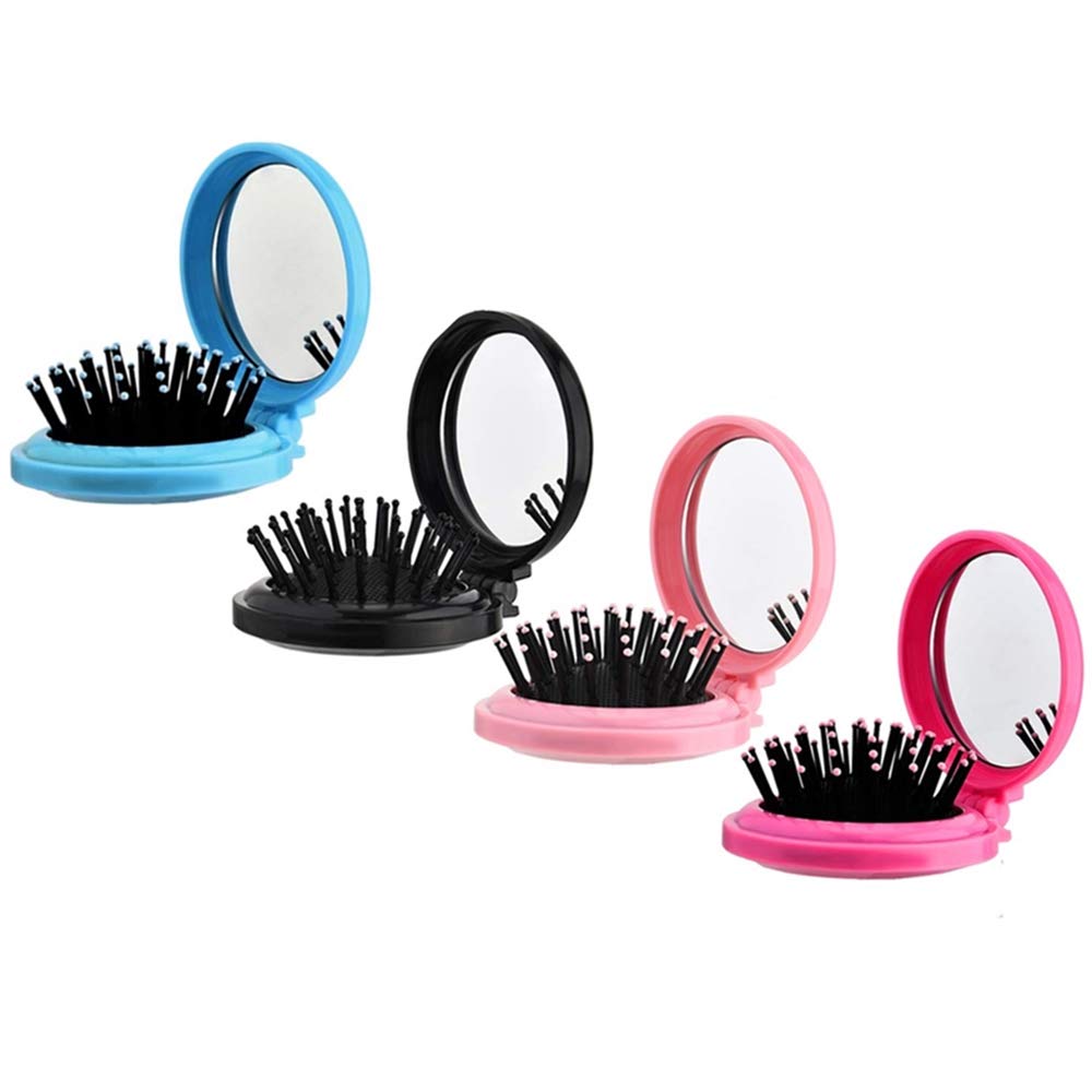 [Australia] - 4 Pcs Round Travel Hair Brush with Mirror Folding Pocket Hair Brush Mini Hair Comb Compact Travel Size Hair Massage Combor for Women and Girls 