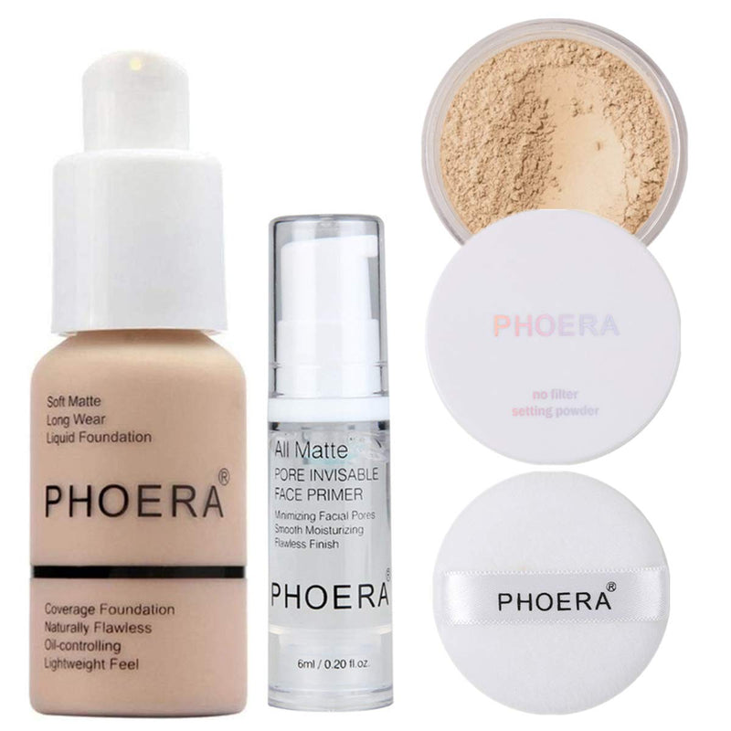 [Australia] - PHOERA 30ml Foundation Liquid Full Coverage 24HR Matte Oil Control Concealer (Nude #102) with 6ml Makeup Lasting Facial Moisturizing Face Primer & Loose Powder + Puff (Cool Beige #02) 