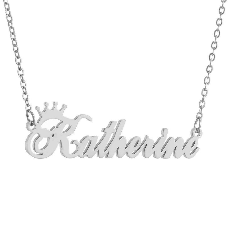 [Australia] - RWQIAN Silver Personalized Name Necklace Stainless Steel,Women Name Chain Necklace Custom Name Pendant Girls Nameplate Necklace Any Name Jewelry Gift for her Katherine-silver 