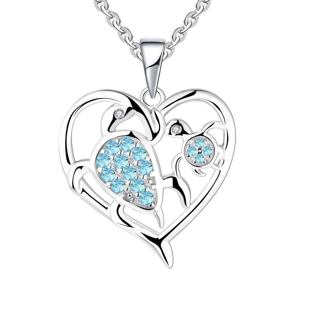 [Australia] - JO WISDOM Women Turtles Mum Necklace, 925 Sterling Silver Cubic Zirconia Mother and Daughter/Son Love Each Other from Heart Pendant Necklace,Gift for Mom March,aquamarine Color 