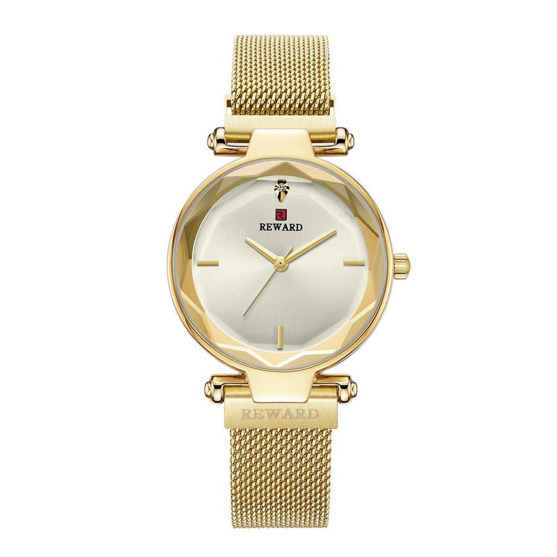 [Australia] - REWARD Japanese Quartz Women Wrist Watch with Multilateral Glass Surface,Simple and Elegant,Fashion Gift for Girls,Waterproof,Stainless Gold 