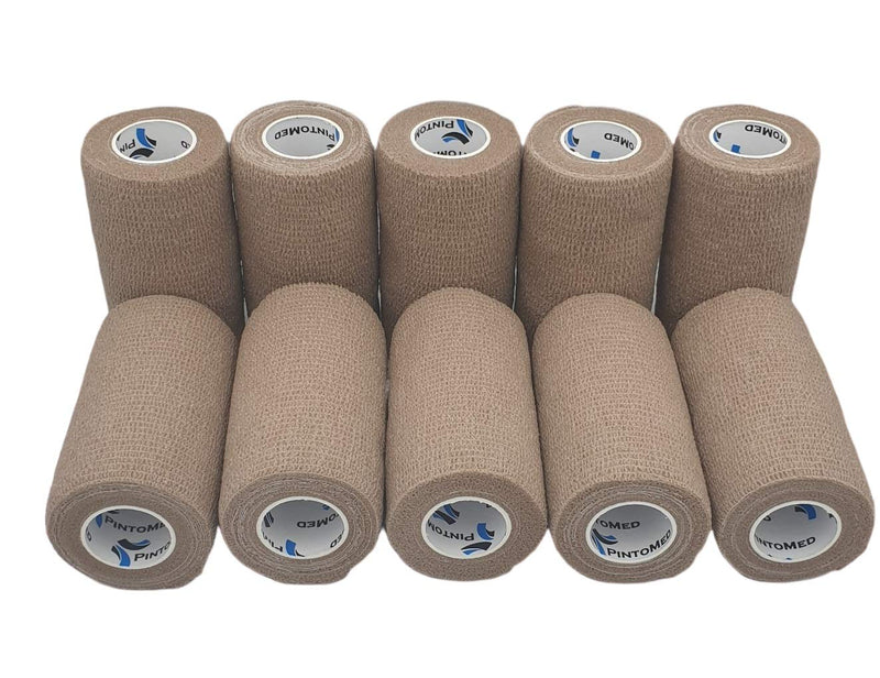 [Australia] - PintoMed - 10 x Skin Colour - Cohesive Bandage Stretched 10 Rolls x 10cm x 4.5m Self-Adhesive Flexible Bandages, First Aid Sports Wrap Bandages - Pack of 10 