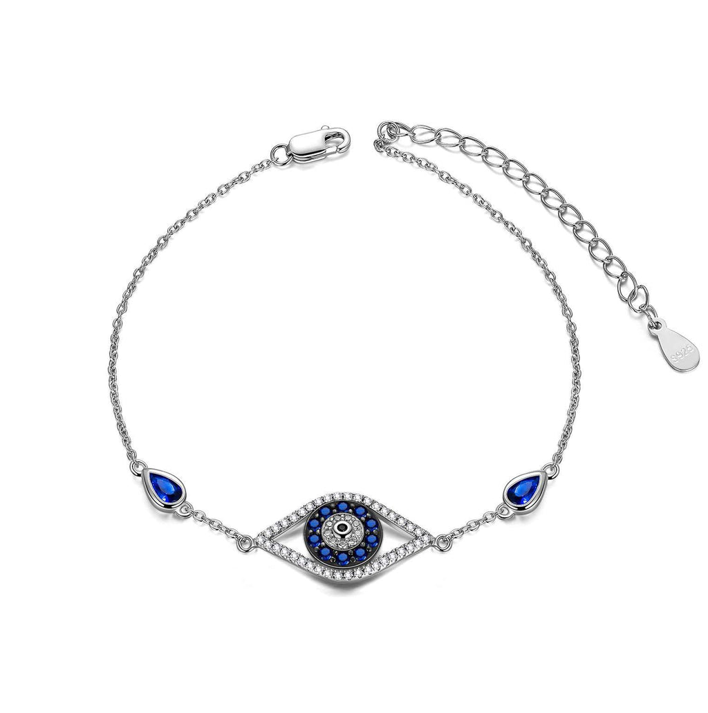 [Australia] - 925 Sterling Silver Evil Eye Pendant Bracelet With Blue Cubic Zirconia Link Bracelets For Women Girls,Adjustable Chain 