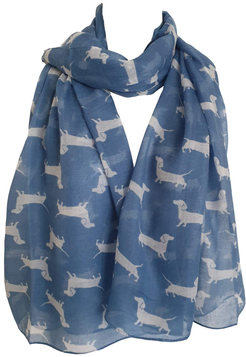 [Australia] - Dachshund Print Scarf, Mini Sausage Dogs, Animal Womens Ladies Long Big Puppies GlamLondon Wrap A-denim Blue 