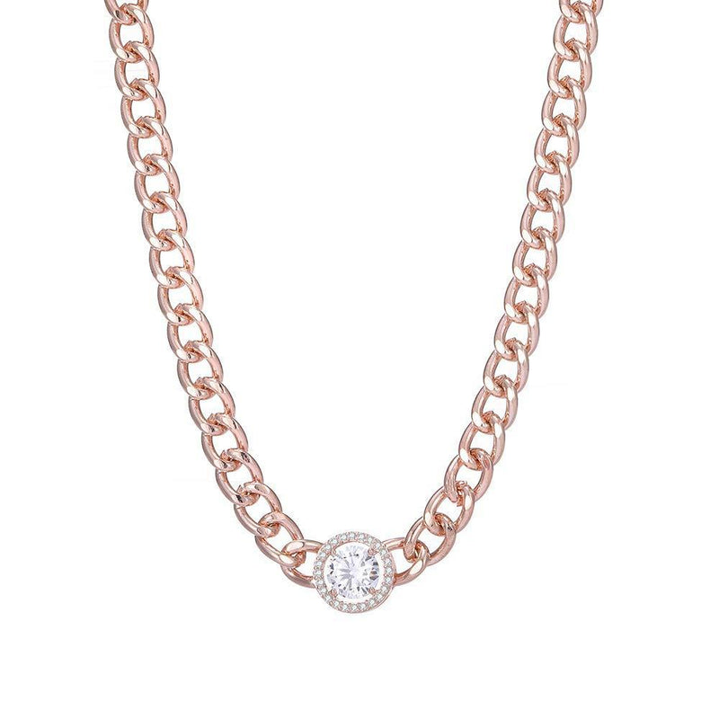 [Australia] - Gold Silver Copper Curb Cuban Chain Necklace Love/Round Shape Pendant with Shining Cubic Zirconia Link Chain Women Necklace Trendy Choker Gift for Friends, Mom Style 2（round） Rose Gold 