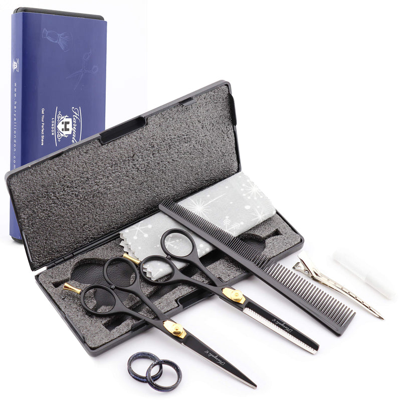[Australia] - Haryali London Black Hairdressers Professional 6 Inch Hairdressing Barber Scissors Set Texturing Thinning Hair Cutting Shears With Adjustable Screw Comes in Presentation Case 