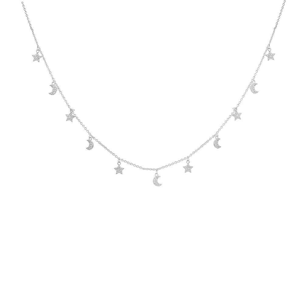 [Australia] - Pengjin 2019 New Cubic Zirconia Crystal Star Moon/Star Multi Drop Choker Necklace Rose Gold Silver Women's Fashion Jewelry for Girls Women's Birthday New Year Valentine's Day Gift Style 1（star and Moon） Silver plated 