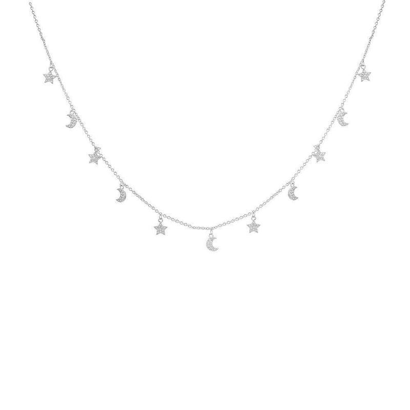 [Australia] - Pengjin 2019 New Cubic Zirconia Crystal Star Moon/Star Multi Drop Choker Necklace Rose Gold Silver Women's Fashion Jewelry for Girls Women's Birthday New Year Valentine's Day Gift Style 1（star and Moon） Silver plated 