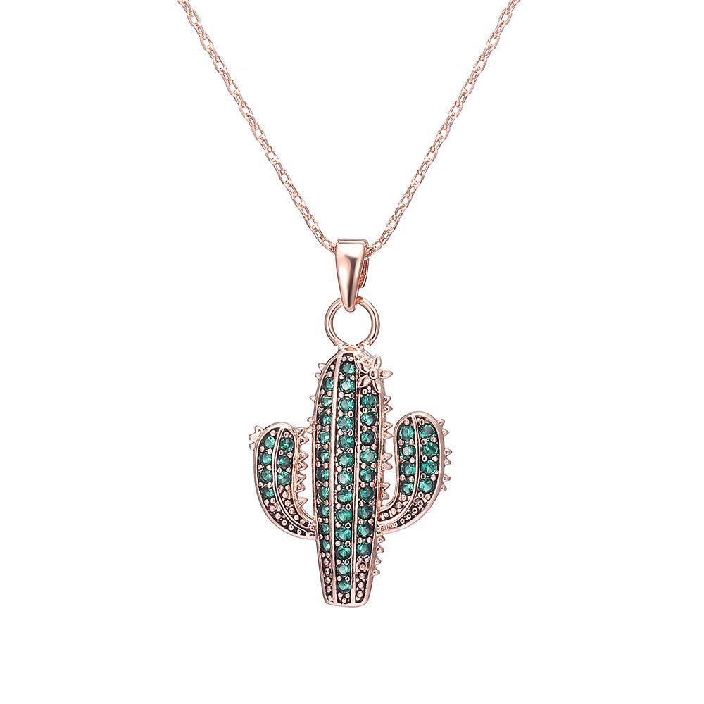[Australia] - Cute Cactus-Shaped Pendant Full Green Cubic Zirconia Crystal Link Choker Women Necklace Fashion Jewelry for Women's Birthday New Year Rose Gold 