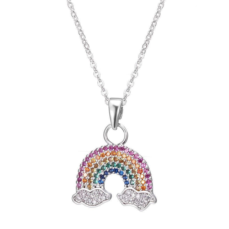 [Australia] - New Gold Silver Copper Necklace Rainbow Pendant Color Cubic Zirconia Crystal Women's Necklace Delicate Clavicle Chain Valentine's Day Gift for Women and Girls Silver Plated 