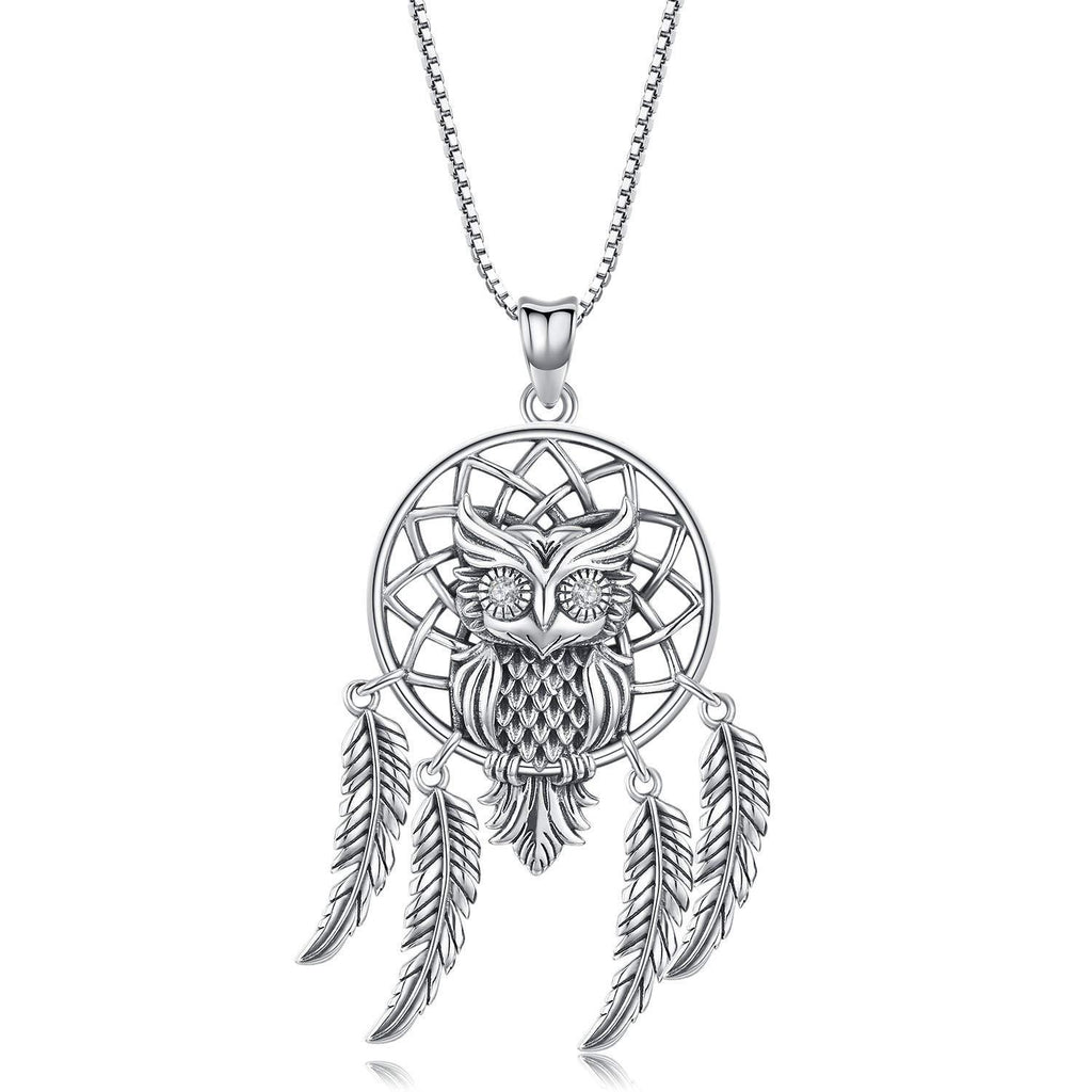 [Australia] - Dream Catcher Necklace with Owl for Women Men,Sterling Silver Vintage Owl Dangling Feather Pendant 18 Chain,Lucky Amulet Friendship Necklace Jewelry Ideas Gift for Teen Girl Women (Black) 