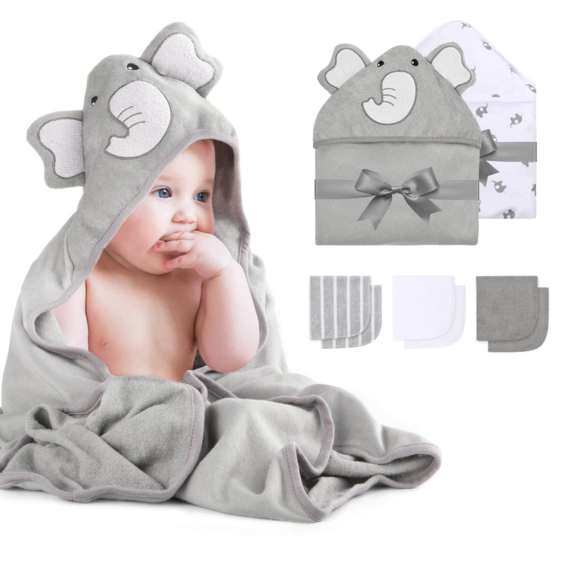 [Australia] - Hooded Baby Towel Set, Momcozy 8-Piece Baby Bath Towel Set, 2Pcs Baby Towel and 6Pcs Baby Wash Cloth, Soft and Super Absorbent Baby Washcloths for Toddlers, Baby Shower Set Cute Elephant Grey 