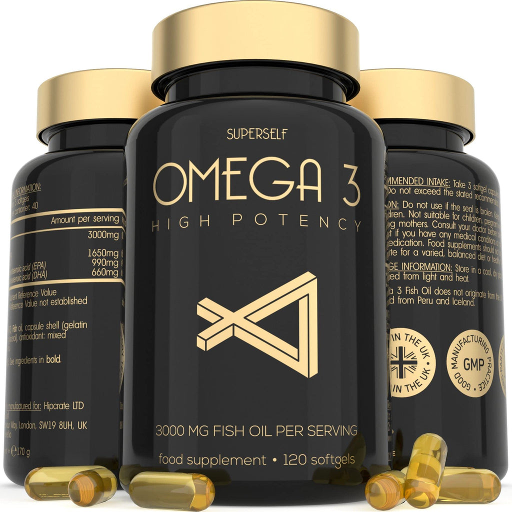 [Australia] - Fish Oil Omega 3 Capsules - High Strength 3000mg - 120 Softgel Capsules - Easy to Swallow & Burpless - Triple Potency DHA 660mg & EPA 990mg - UK Made Omega 3 Supplement - 1000mg Fish Oil per Tablet 