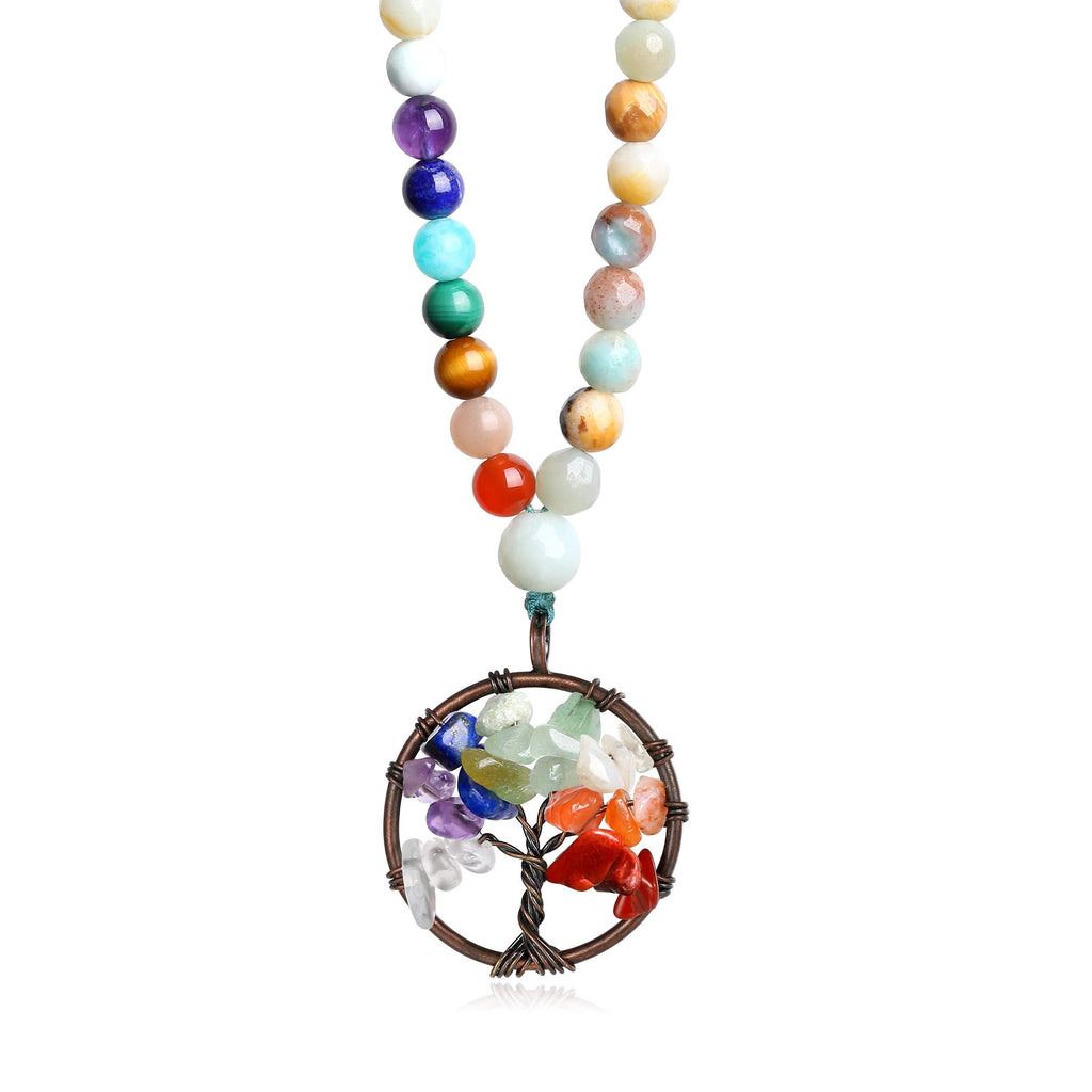 [Australia] - coai 7 Chakra 108 Mala Beads Stone Necklace for Yoga Meditation Tree of Life 
