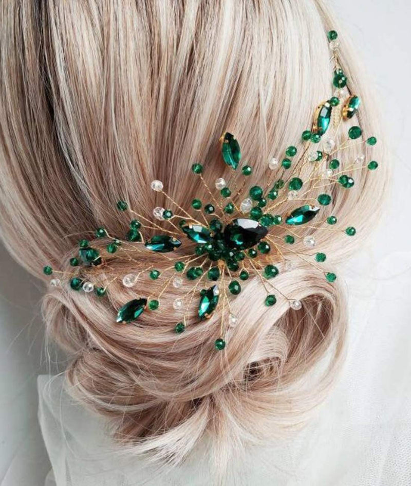 [Australia] - BERYUAN Women Gold Headpiece Teardrop Emerald Green Crystal Hair Vine Comb Wedding Hair Accessory Rhinestone Hair Piece Gift for Her Party Headress for Bride Bridesmaid Girls(Gold) 
