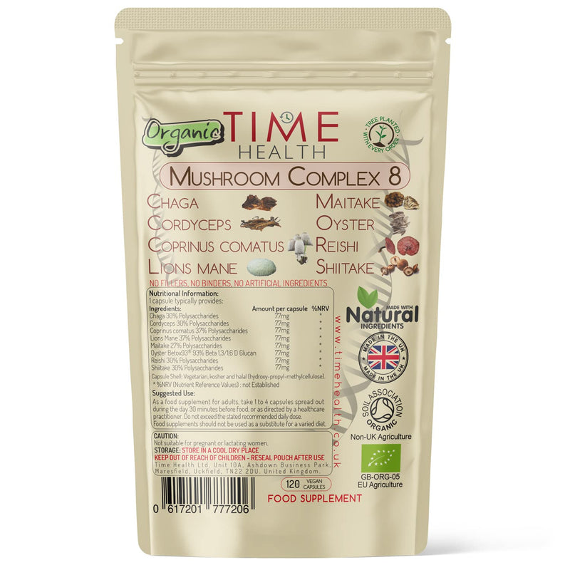 [Australia] - Mushroom Complex 8 | Organic | EU Grown | 616mg Capsules | Lions Mane, Cordyceps, Chaga, Shiitake, Reishi, Maitake, Coprinus & Oyster Betox93® | 40% Polysaccharides | UK Made 120 Count (Pack of 1) 