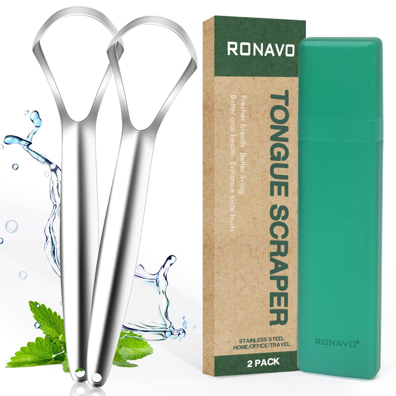 [Australia] - RONAVO Tongue Scraper, 2 Pack Tongue Cleaner for Oral Hygiene and Fresh Breath, Stainless Steel Tongue Scrapers for Adults, Dentist Approved, Easy to Use and Clean Wider Tongue Scraper(silver) 