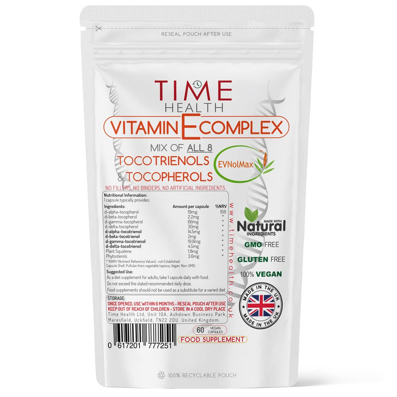 [Australia] - Vitamin E Complex - All 8 Tocopherols & Tocotrienols - 60 Pullulan Capsules - Natural - Plant-Based - Vegan - No Fillers, Binders or Flow Agents (60 Capsule Pouch) 60 Count (Pack of 1) 