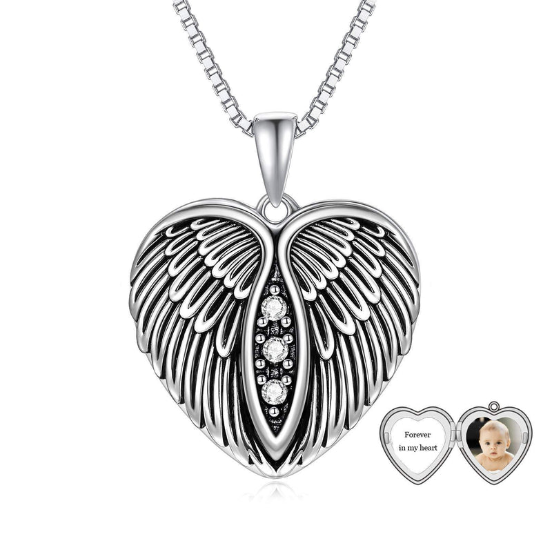 [Australia] - LONAGO Personalized Photo Locket Necklace 925 Sterling Silver Heart Locket Necklace That Holds Pictures Necklace Jewelry Angel Wing-Only Locket 