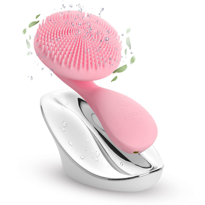 [Australia] - Ronux Silicone Facial Cleansing Brush - Electric, Rechargeable, Waterproof IPX7 - Face Massager - Deep Cleaning - Sonic Scrubber - Gentle Exfoliator Cleanser - Skin Scrub - Exfoliating Wash - Pink 