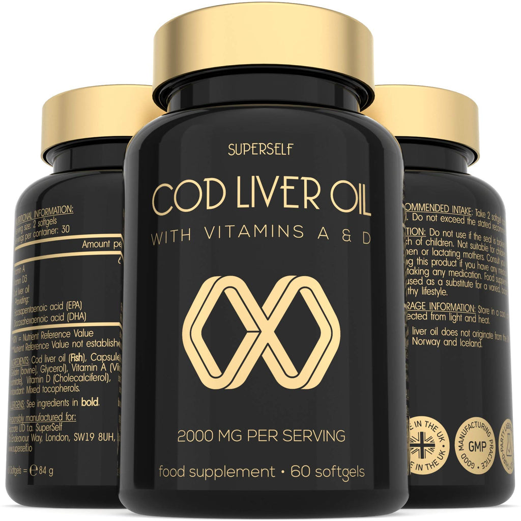 [Australia] - Cod Liver Oil Capsules - High Strength 2000mg - 60 Softgel Tablets - Rich in Omega 3 EPA DHA & Vitamins A and D - 1000mg Arctic Cod Liver Oil per Capsule - Odourless & Burp-Free Fish Oil - UK Made 
