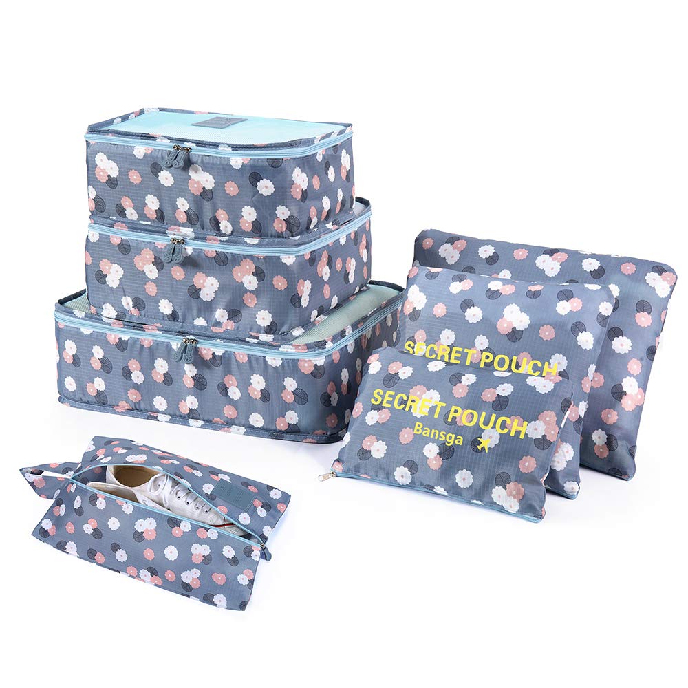 [Australia] - 7 SetsPacking Cubes Value Set for Travel Luggage Organiser Bag Compression Pouches Clothes Suitcase (2Blue Flower) Blue Flower2 