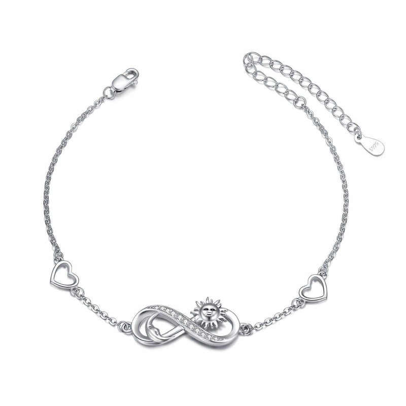 [Australia] - Womens 925 Sterling Silver Infinity Love Heart Sun&Moon Symbol Charm Adjustable Bracelet 