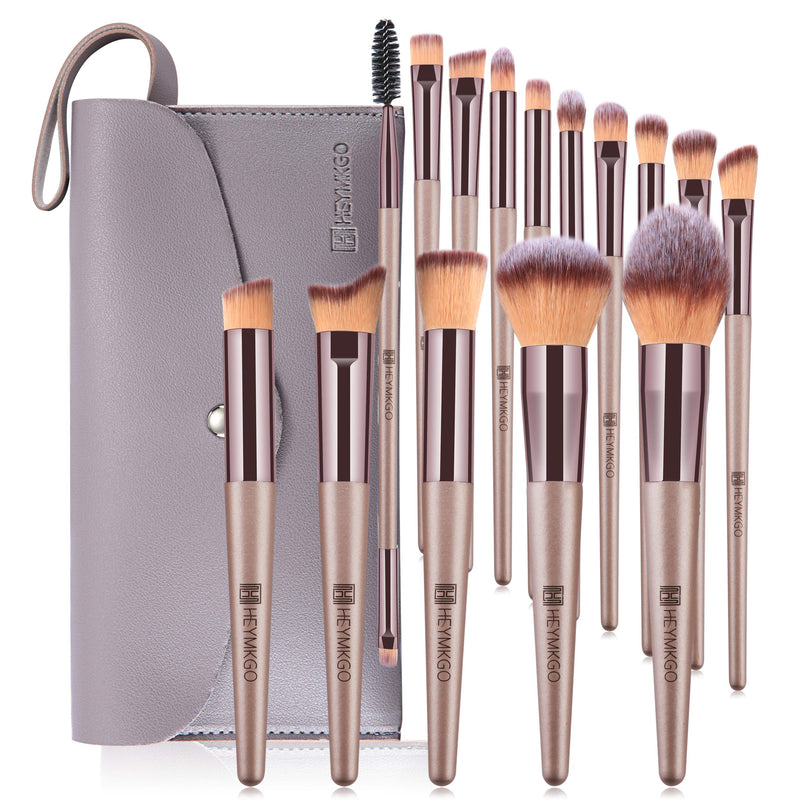 [Australia] - Makeup Brushes HEYMKGO 15PCS Champagne Gold Professional Makeup Brush Sets Foundation Brush Blending Powder Blush Concealers Eye Make Up Brush Set With PU Leather Cosmetics Bag 