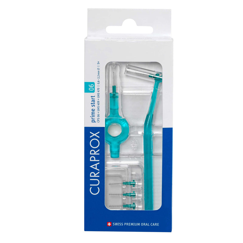 [Australia] - Curaprox CPS 06 Prime Start Interdental Brush Kit, Turquoise - 5 x 0.6mm - 2.2mm Interdental Brushes + 2 Interdental Toothbrush Holders 