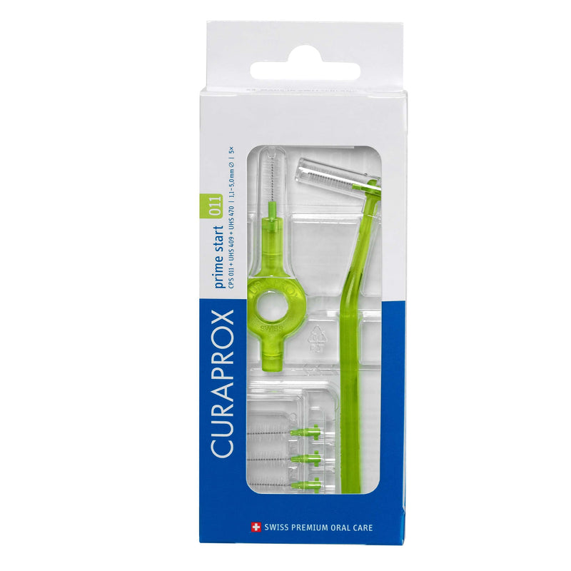 [Australia] - Curaprox CPS 011 Prime Start Interdental Brush Kit, Lime Green - 5 x 1,1mm - 5,0mm Interdental Brushes + 2 Interdental Toothbrush Holders 5 Piece Set 