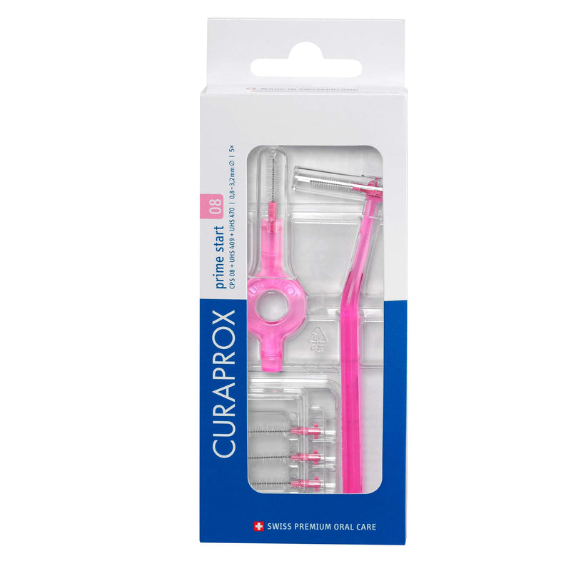 [Australia] - Curaprox CPS 08 Prime Start Interdental Brush Kit, Pink - 5 x 0.8mm - 3.22mm Interdental Brushes + 2 Interdental Toothbrush Holders 