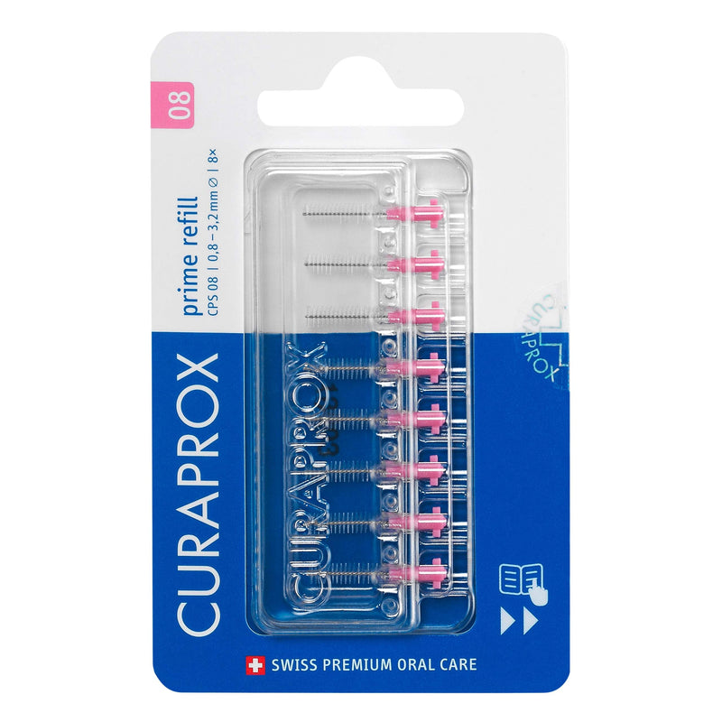 [Australia] - Curaprox CPS 08 Prime Refill Interdental Brushes, Pink, 8 Count - 8 x 0.8mm - 3.2mm Internal Toothbrushes. 