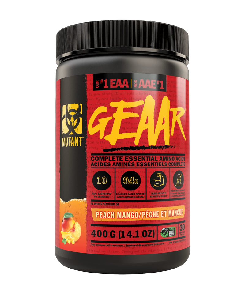 [Australia] - MUTANT GEAAR | 9.4g of EAA Powder + Arginine, 7g BCAAs, 4g Leucine, Electrolytes, Coconut Water, No Artificial Colours or Flavours | 30 Servings | Mango| 378g 