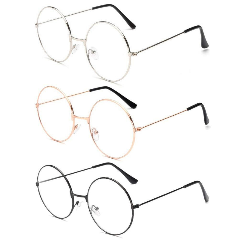 [Australia] - 3 Pairs of Metal Glasses - Round Clear Lens Glasses, Blue Light Blocking Fake Eye Glasses Fashion Retro Face Glasses Frame, Circle Vintage Eyeglasses for Men and Women (Black, Gold, Silver) 