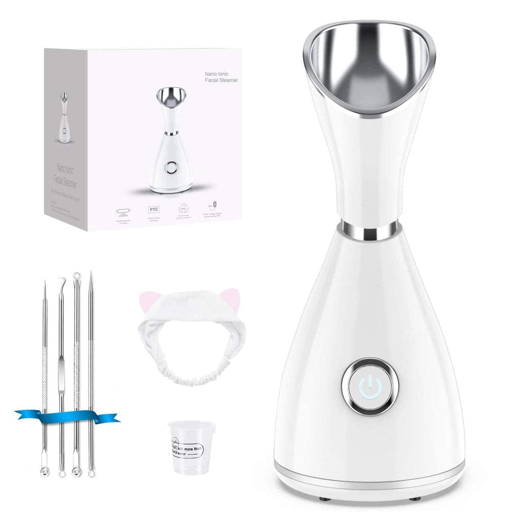 [Australia] - Facial Steamer-Nano Ionic Facial Steamer Warm Mist Humidifier Atomizer Sprayer Moisturizing Face Steamer Home Sauna SPA Face with 4 Piece Stainless Steel Skin Kit and Hair Band 